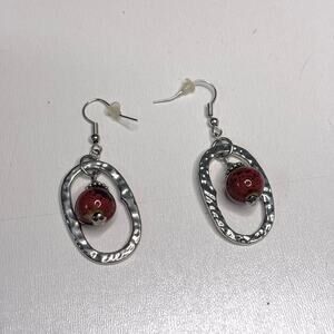 Premier Designs Silver Oval Dangle Earrings Red Stone Bead